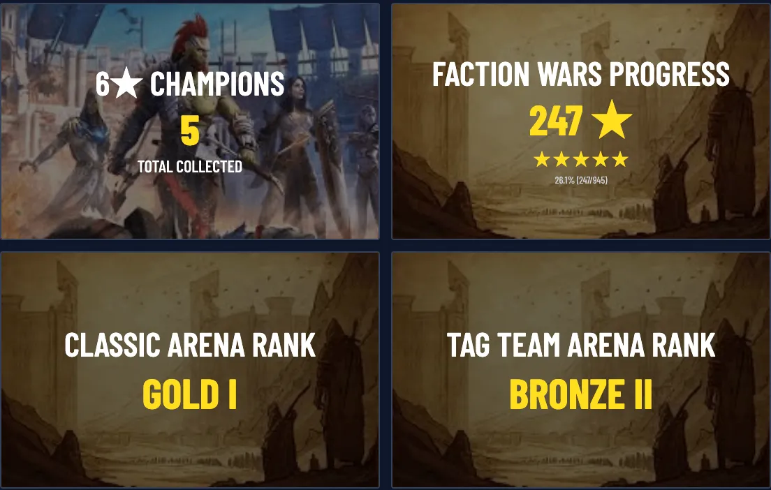 Dashboard tiles for six-star champions, Faction Wars progress, arena ranks, fastest champion and Doom Tower floor